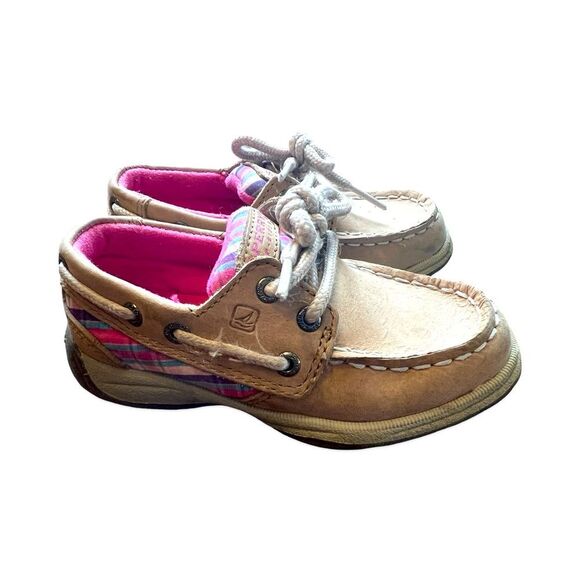 EUC Toddler Girls Size 8 Sperry Top-Sider Boat Shoes–Tan Leather with Pink Plaid - Picture 1 of 6